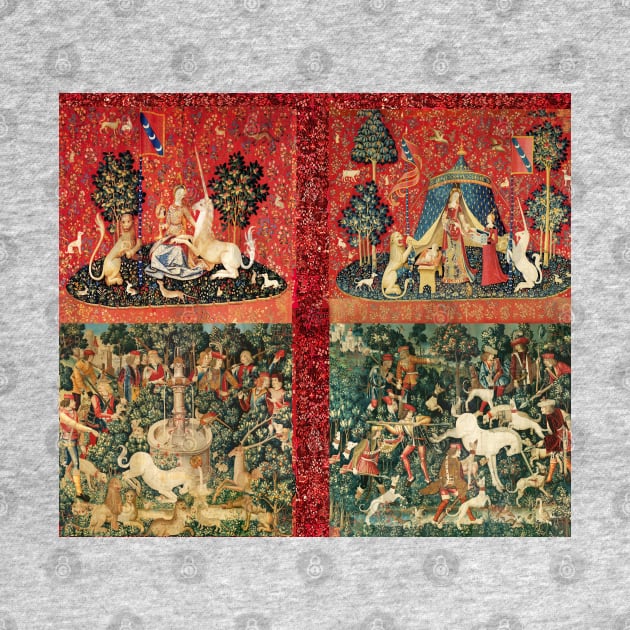 FOUR LADY AND UNICORN STORIES ,Fantasy Flowers,Animals, Red Green Floral Tapestry by BulganLumini